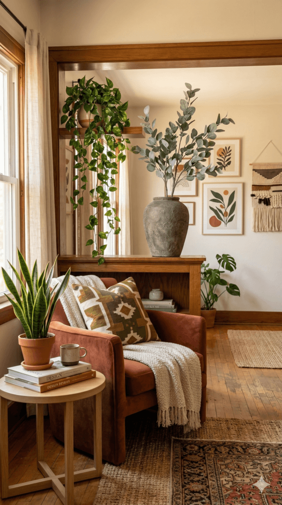 Cozy Reading Nook: Plush brown armchair with textured pillow and throw, greenery, sunlit art&mdash;perfect for relaxing days. Save this idea so you can come back to it later.