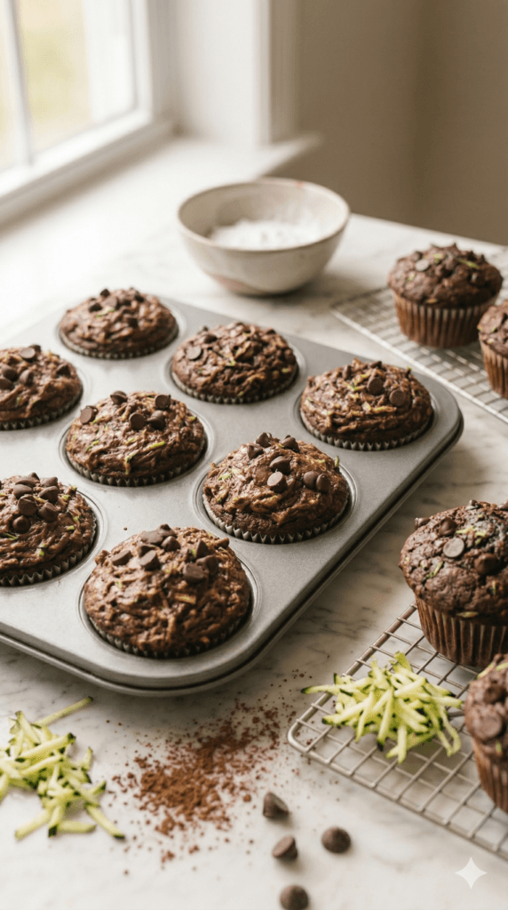 Vegan Chocolate Zucchini Muffins: Fresh, moist muffins with shiny chocolate chips&mdash;nutritious and plant-based. Save this idea so you can come back to it later.