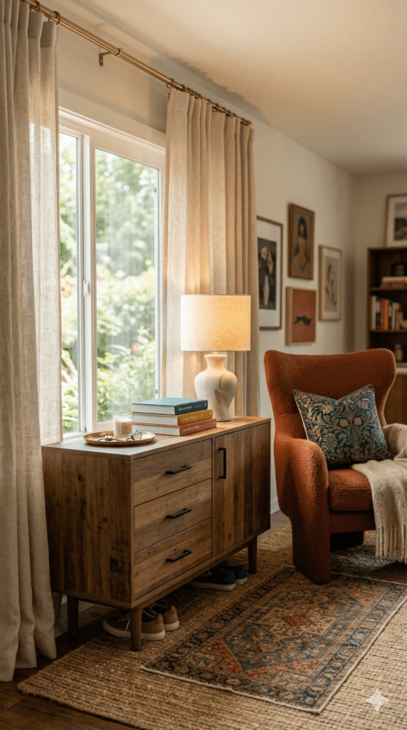 Living Room Refresh: Sunlit, inviting armchair with blue pillow &amp; soft throw near a wood sideboard&mdash;easy style update. Save this idea so you can come back to it later.