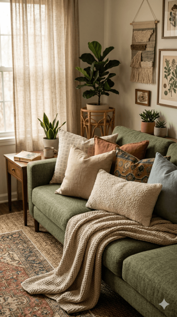 Inviting Living Room Refresh: Plush green sofa with soft pillows, woven wall art, sunlit plants&mdash;cozy upgrade for relaxation. Save this idea so you can come back to it later.
