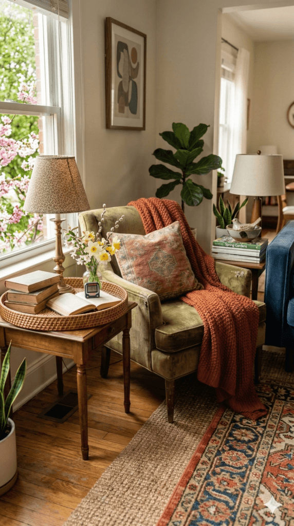 Cozy Reading Nook: Plush olive armchair with textured rust blanket, floral pillow, books&mdash;perfect for easy home refresh. Save this idea so you can come back to it later.