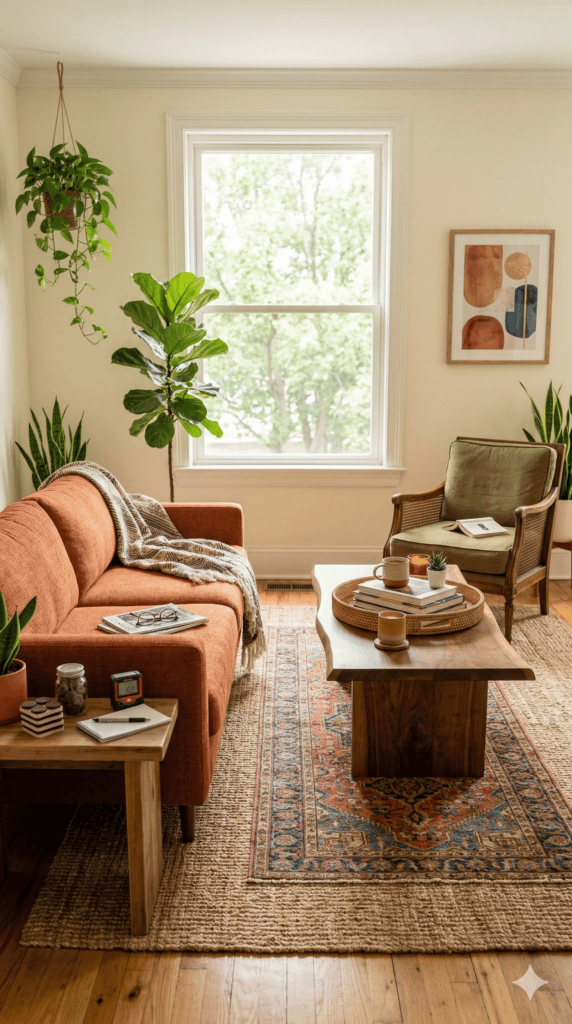 Cozy Living Room Refresh: Plush orange sofa, sunlit wood table, textured rug &amp; leafy plants&mdash;inviting and stylish. Save this idea so you can come back to it later.