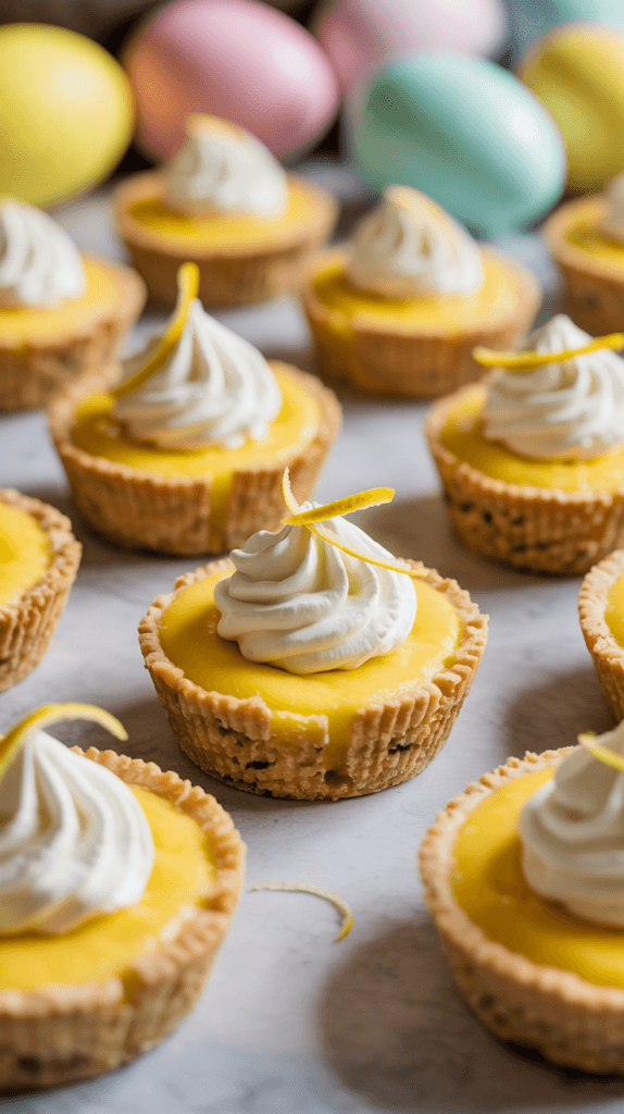 Spring Lemon Tartlets Delight: Zesty, creamy mini tarts in golden graham crusts with pastel eggs&mdash;ideal for easy Easter treats. Save this idea so you can come back to it later.