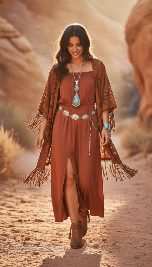 Western Boho Style: Effortless woman in sunlit desert, turquoise jewelry, concho belt—stylish for fall adventures. Save this idea so you can come back to it later.