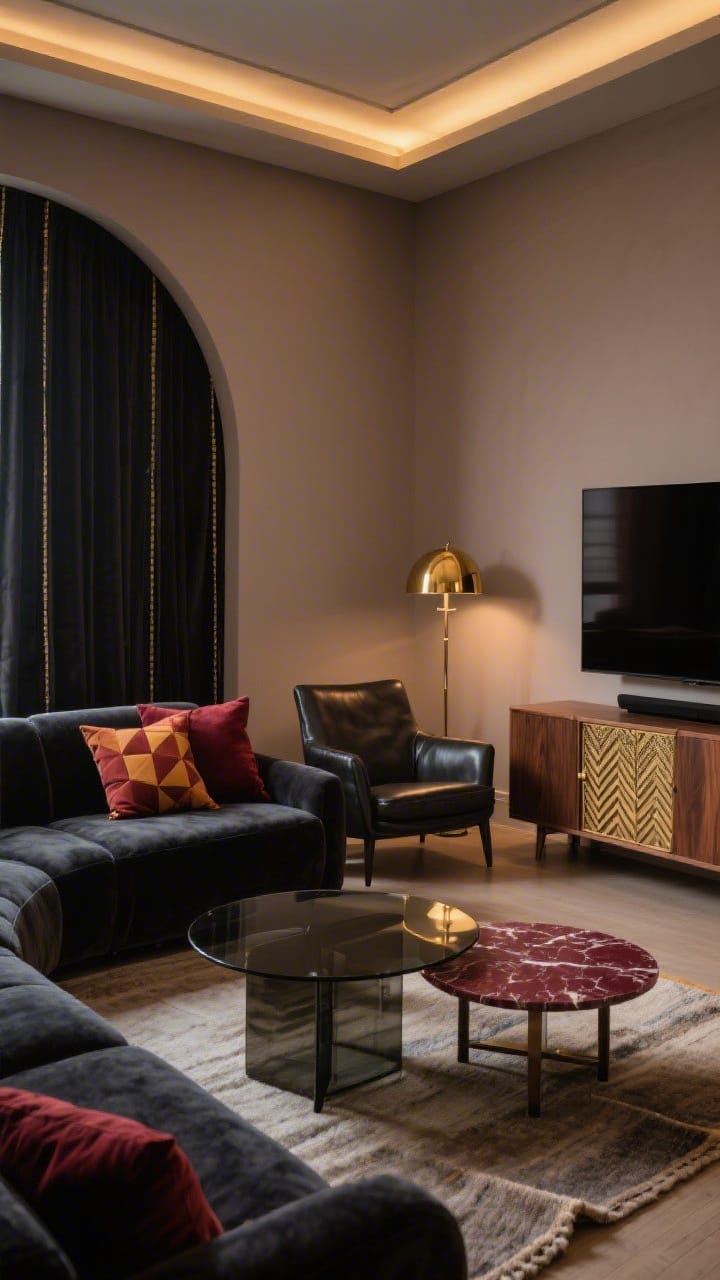 Cozy media den, low-light atmosphere: Mushroom taupe walls and a soft arched cove ceiling detail with hidden brass-lined LEDs create a gentle glow; a U-shaped charcoal velvet sectional wraps the room, paired with a single dark vegan leather lounge chair; a walnut media unit with chevron doors and integrated brass mesh sits opposite; nesting coffee tables&mdash;one smoked glass, one with a burgundy marble top&mdash;anchor a wool rug with stepped corners; cushions in oxblood, rust, and ochre geometrics add depth; a brass floor lamp with a dome shade stands near blackout drapes edged in tape trim; dim, cinematic lighting, corner angle, photorealistic.