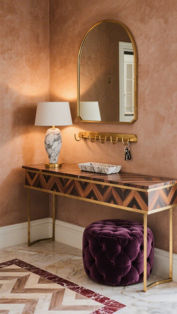 Detail closeup, entry textures and geometry: A narrow console with a chevron parquet top in mixed dark woods framed in brass, styled with a sculptural table lamp, a veined stone tray for keys, and a brass hook rail with arched ends just above; an oversized arched brass mirror reflects clay-tinted plaster walls; stone floor tile shows a subtle inlaid chevron border in burgundy marble; a tufted pouf in deep aubergine velvet tucks beneath the console; warm, directional light highlighting materials and patterns, photorealistic, straight-on cropped composition.