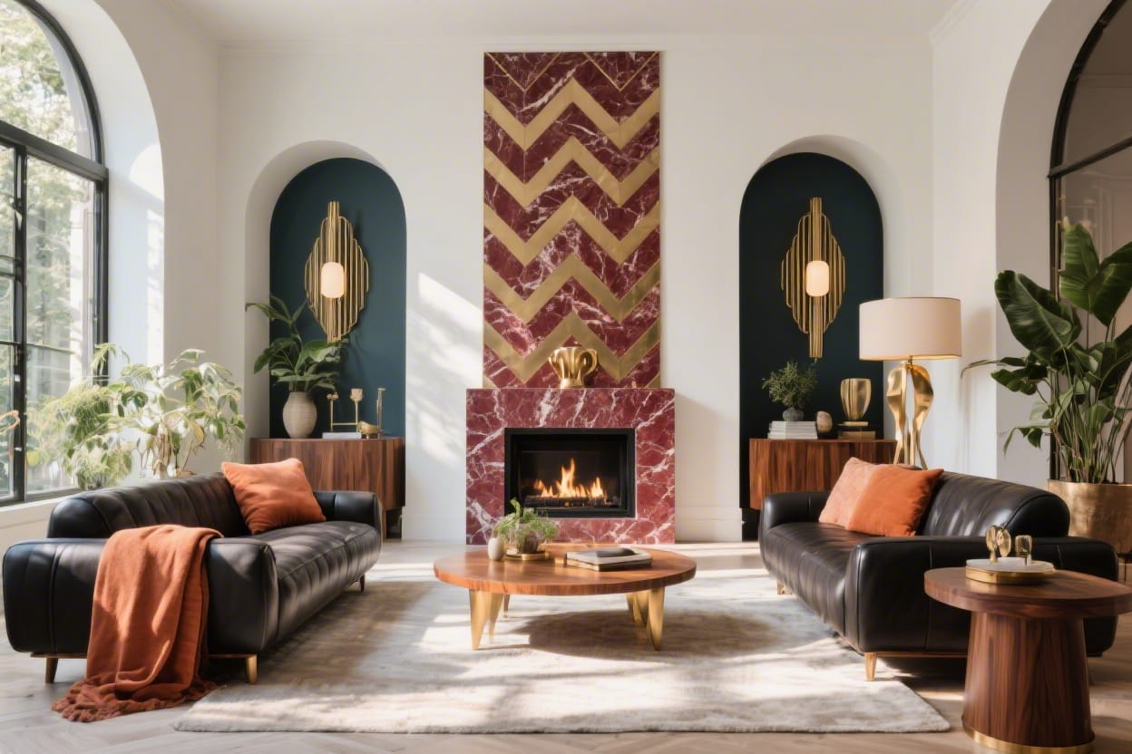 The Neo-deco Trend:. It’s a 2026 evolution of Art Deco that uses geometric lines (chevrons, arches) but with warmer, earthier materials like burgundy marble, brass, and dark vegan leather.