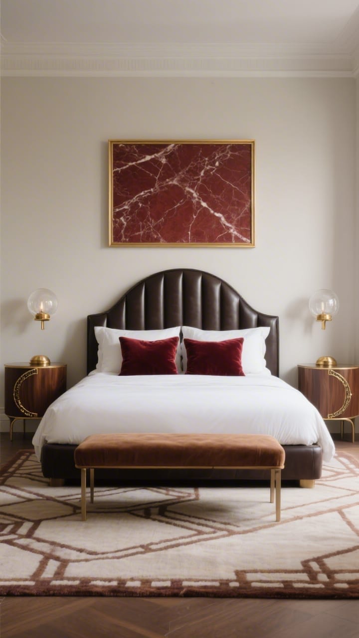 Medium bedroom vignette, calm luxury: A bed upholstered in dark vegan leather with a high, gently arched headboard and faint vertical channeling; behind it, a large framed panel of burgundy marble veneer bordered in thin brass trim forms the accent wall; nightstands with half-moon silhouettes feature delicate brass inlay lines like jewelry; palette of espresso wood tones, bone white bedding, and oxblood velvet euro shams; petite brass dome sconces with frosted globes provide soft, flattering light; a plush low-pile rug with a geometric border and a slim suede bench at the foot; straight-on, softly lit, hotel-chic yet earthy, photorealistic.