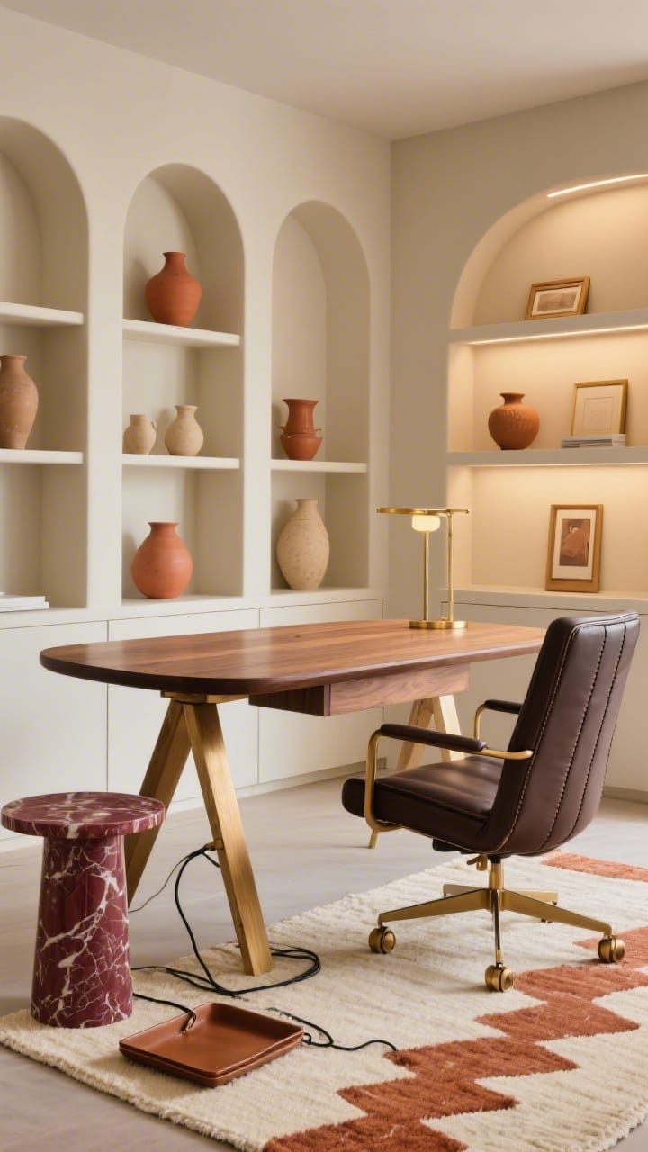 Medium office composition, focused and warm: A smoked oak desk with rounded corners and an architectural brass trestle base set against custom built-ins with arched niches displaying pottery in sand and terracotta; integrated brass picture lights bathe the shelves; an ergonomic dark vegan leather chair with channel stitching and brass casters sits on a flatweave rug with stepped geometric borders in cream and rust; a small pedestal side table topped in burgundy marble adds gravitas; hidden cords and leather trays imply order; soft, warm lighting, slight corner perspective, photorealistic.