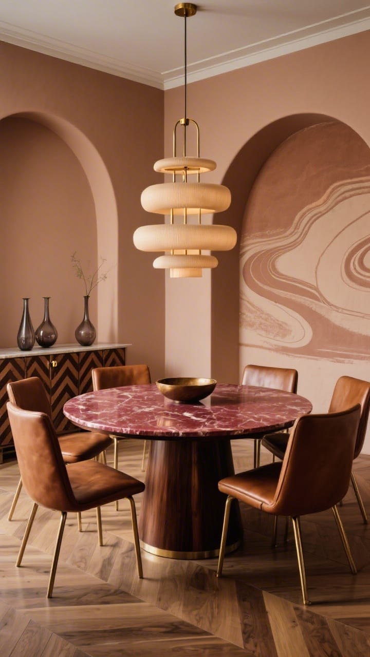 Medium-wide dining scene, theatrical ambiance: A racetrack-shaped deep-walnut dining table topped with a thin slab of burgundy marble centered beneath a tiered brass chandelier with softly stepped curves; walls painted clay beige with a tone-on-tone arched mural two shades deeper; sleek cognac vegan leather chairs with slender brass-finished legs encircle the table; herringbone oak flooring with satin finish grounds the room; a sideboard with chevron front doors and integrated pulls holds smoky glass decanters, a sculptural bowl, and a single stem in a low vase; warm, intimate lighting, three-quarter corner angle, photorealistic.