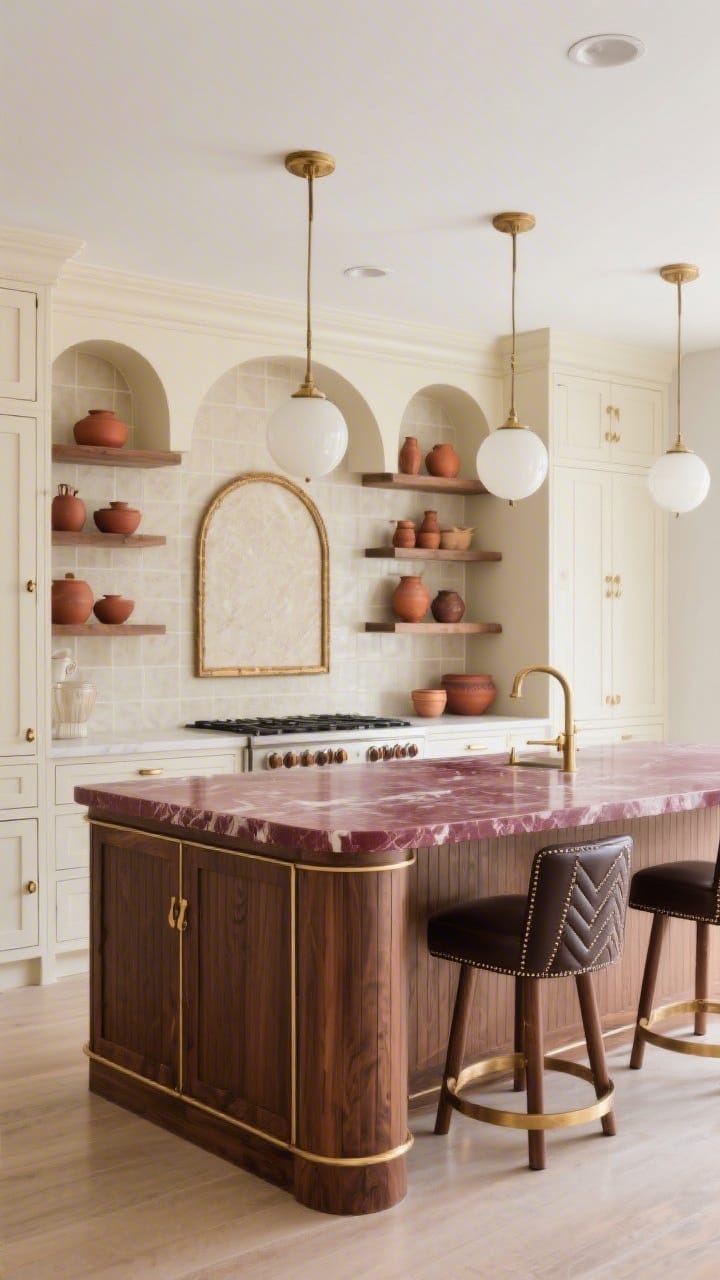 Wide kitchen shot, refined and cookable: Lower cabinets in espresso-stained oak with reeded fronts paired with cream uppers finishing in a gentle arched cornice; the island is a burgundy marble waterfall with soft bullnose edges and discreet brass foot rails, serving as the showstopper; slim curved brass pulls echo arch shapes; matte sand stacked-rectangle backsplash with a framed arch above the range; counter stools in dark vegan leather with chevron stitching and curved brass bases; milk-glass globe pendants illuminate open shelves styled with pottery in rust and umber; bright yet warm, straight-on wide view, photorealistic.
