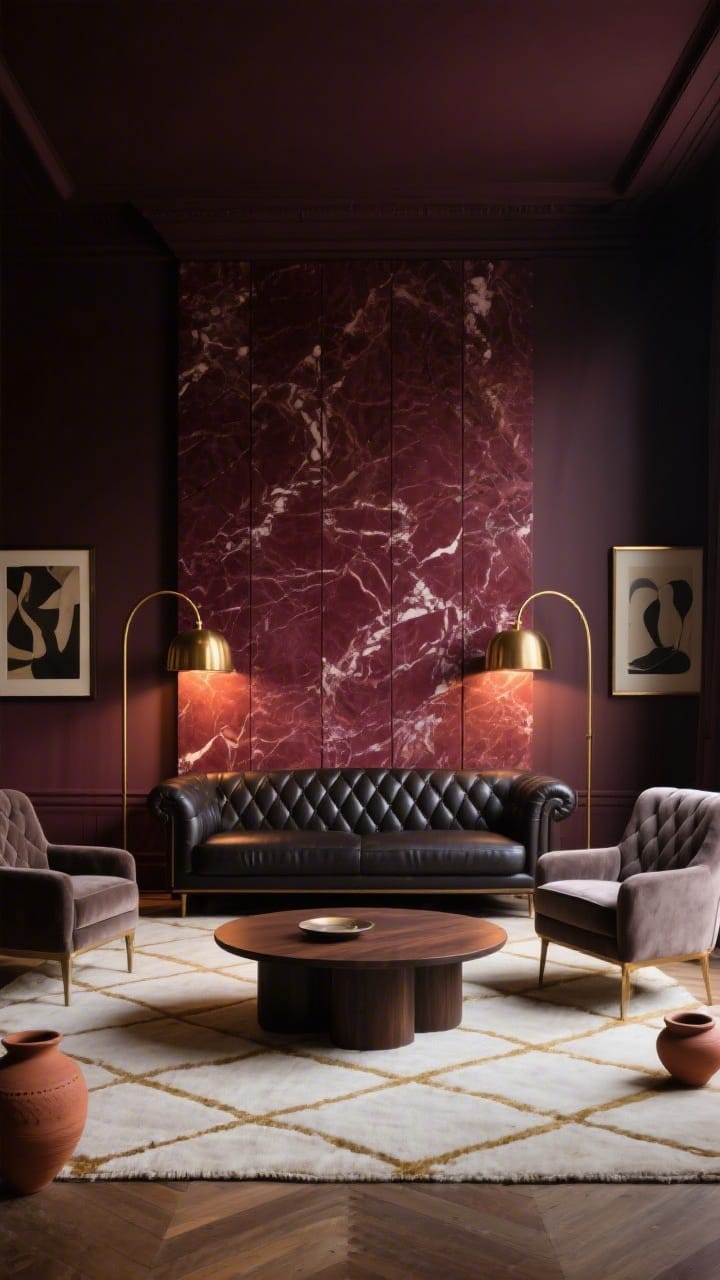 Moody 2026 Neo-deco living room featuring a burgundy marble feature wall and dark vegan leather sofa with chevron stitching.