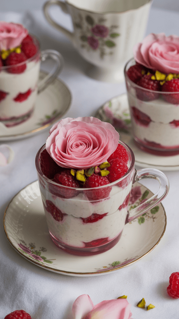Spring Dessert Delight: Elegant glass teacups with creamy, fruity layers and rose petals are perfect for easy entertaining. Save this idea so you can come back to it later.