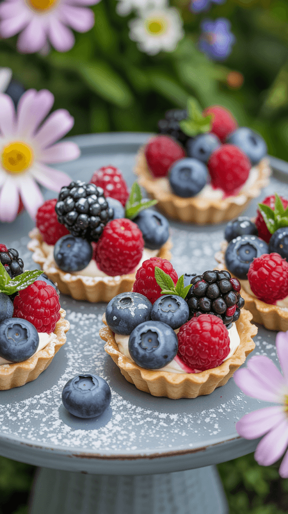 Berry Bliss Tartlets: Vibrant, juicy mini tarts on a blue stand with fresh mint and floral backdrop&mdash;easy no-bake treat. Save this idea so you can come back to it later.