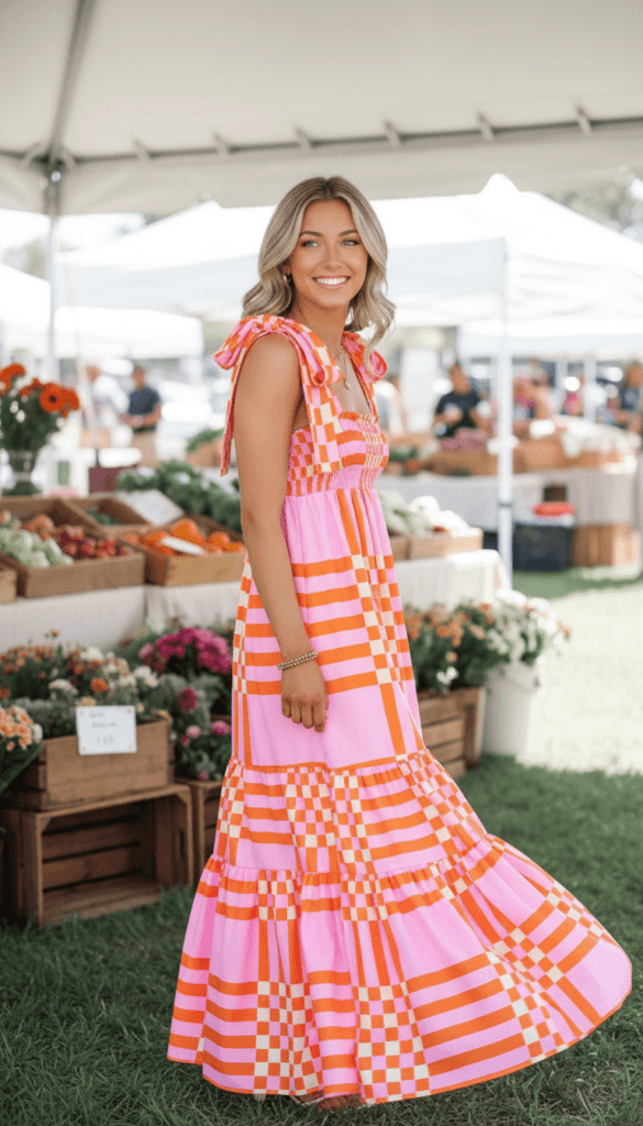 Market Day Glow: Chic, sun-kissed blonde in a flowy pink-orange maxi dress shops fresh blooms&mdash;ideal summer style. Save this idea so you can come back to it later.