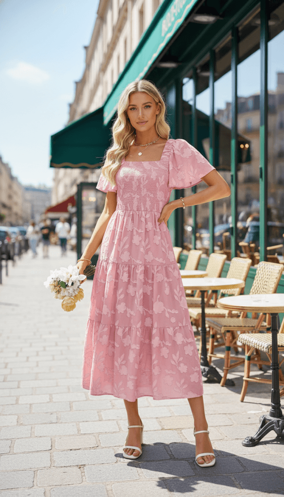 Spring City Stroll: Stylish woman in soft pink floral maxi dress, holding crisp white blooms by a cozy green-awning caf&eacute;&mdash;perfect vibe for brunch dates. Save this idea so you can come back to it later.