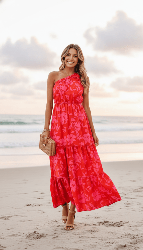 Beach Sunset Style Inspiration: Joyful woman in a pink floral maxi, tan heels, woven clutch&mdash;perfect for summer getaways. Save this idea so you can come back to it later.