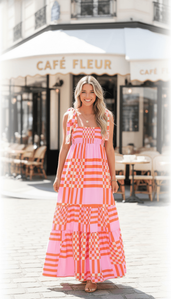 Summer Caf&eacute; Style: Radiant woman in pink and orange sundress, wavy blonde hair, at Caf&eacute; Fleur&mdash;ideal for brunch vibes. Save this idea so you can come back to it later.