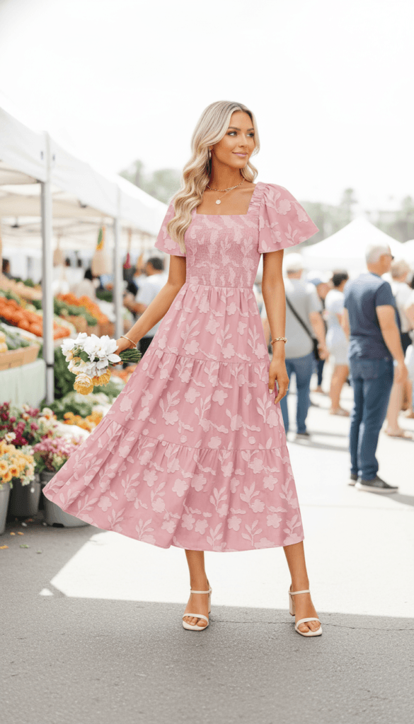 Flower Market Fashion: Blonde woman in a flowing pink floral maxi, sandals, holding fresh blooms&mdash;great spring style inspo. Save this idea so you can come back to it later.