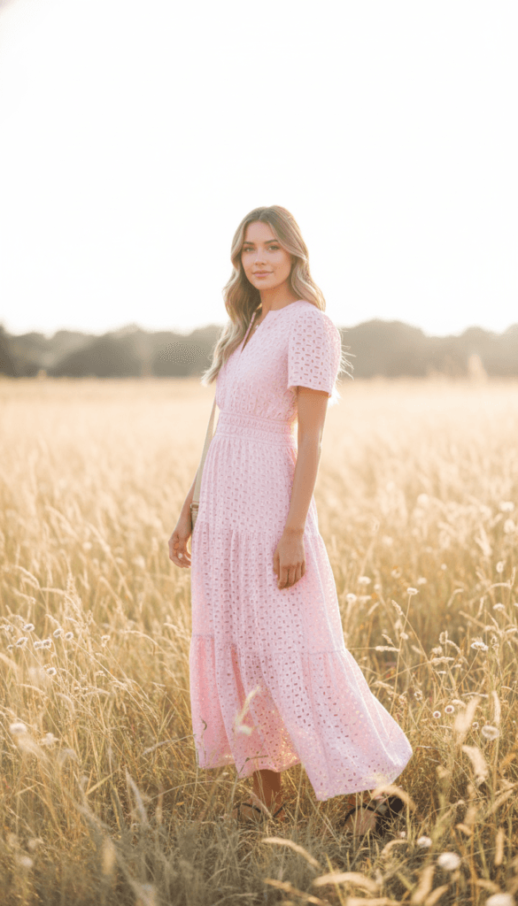 Elegant Summer Photoshoot: Serene woman in a flowing pink maxi dress, wavy hair, golden grass&mdash;ideal for boho portraits. Save this idea so you can come back to it later.