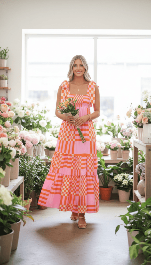 Flower Shop Bliss: Joyful woman in flowing pink dress holds fresh bouquet, vibrant blooms and sunbeams&mdash;ideal for mood-boosting decor. Save this idea so you can come back to it later.