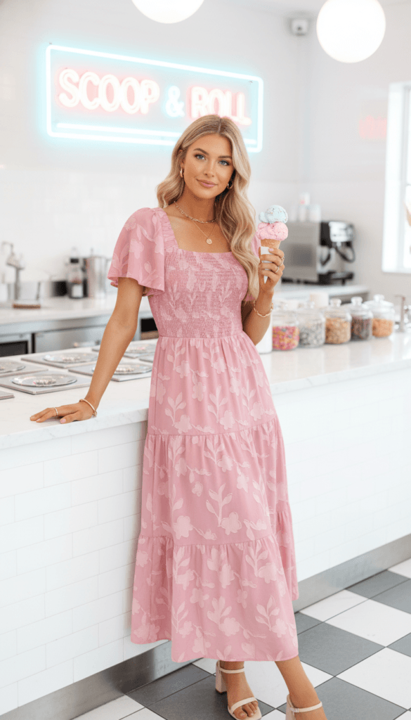 Pretty in Pink: Cheerful woman in a breezy pink floral maxi dress enjoys vibrant ice cream&mdash;perfect for sweet summer vibes. Save this idea so you can come back to it later.