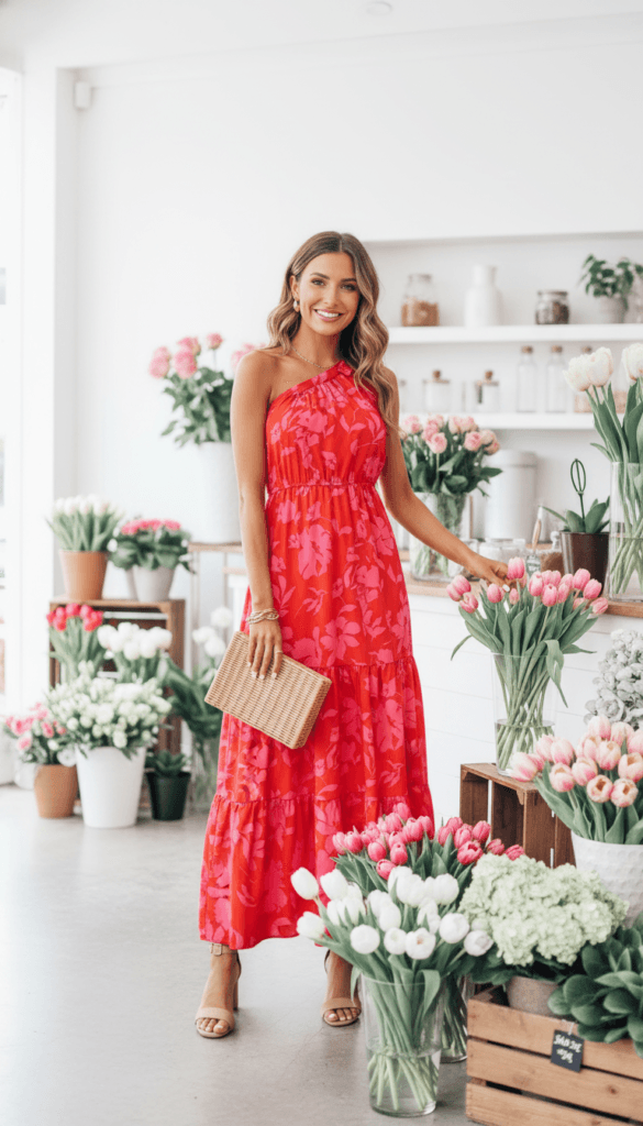Floral Dress in Bloom: Radiant, joyful woman with woven clutch among tulip bouquets&mdash;ideal for spring style inspo. Save this idea so you can come back to it later.