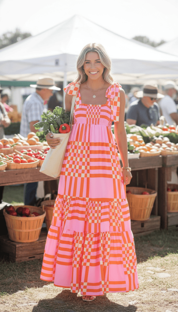 Farmers Market Find: A cheerful woman in a pink maxi dress holds a fresh veggie tote&mdash;perfect for healthy meal prep. Save this idea so you can come back to it later.