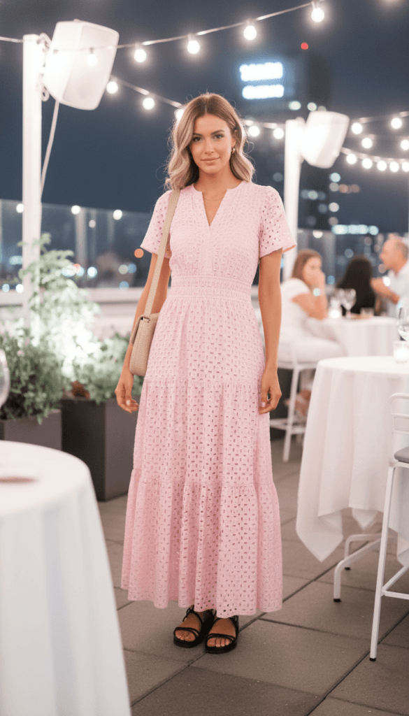 Chic Rooftop Evenings: Radiant woman in a flowing pink maxi dress under city lights&mdash;urban style for breezy summer nights. Save this idea so you can come back to it later.