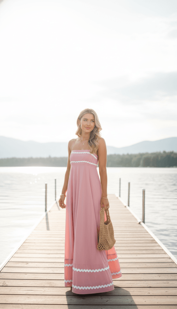 Serene Lake Escape: Elegant woman in pink maxi dress, woven bag, soft sunlight&mdash;perfect for peaceful retreats. Save this idea so you can come back to it later.