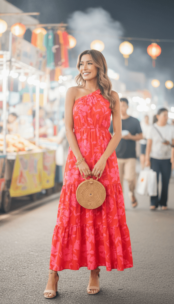 Night Market Fashion Inspiration: Joyful woman in a floral red dress, woven purse, glowing lanterns&mdash;perfect for festive nights. Save this idea so you can come back to it later.