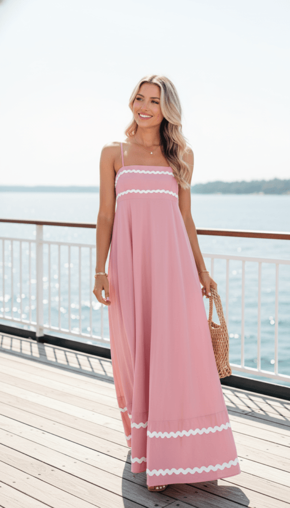 Chic Waterfront Style: Radiant woman in a pink maxi dress, woven bag, basking by serene blue water&mdash;a dreamy summer look. Save this idea so you can come back to it later.