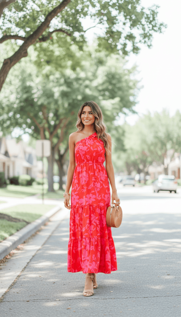 Summer Street Style: Confident woman in red-pink floral maxi, straw bag, nude sandals&mdash;perfect for chic walks. Save this idea so you can come back to it later.