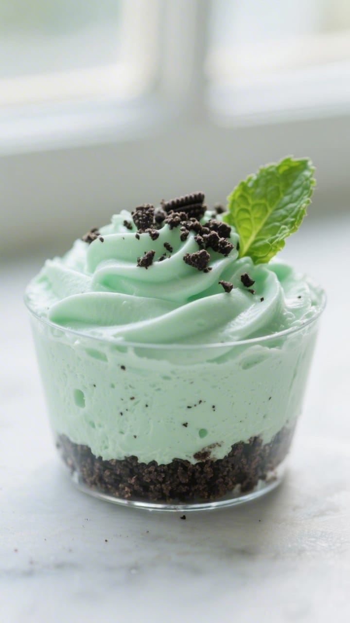 Close-up detail shot of St Patrick&rsquo;s Day Mint Oreo Cheesecake Cups Easy No-Bake Spring Desserts