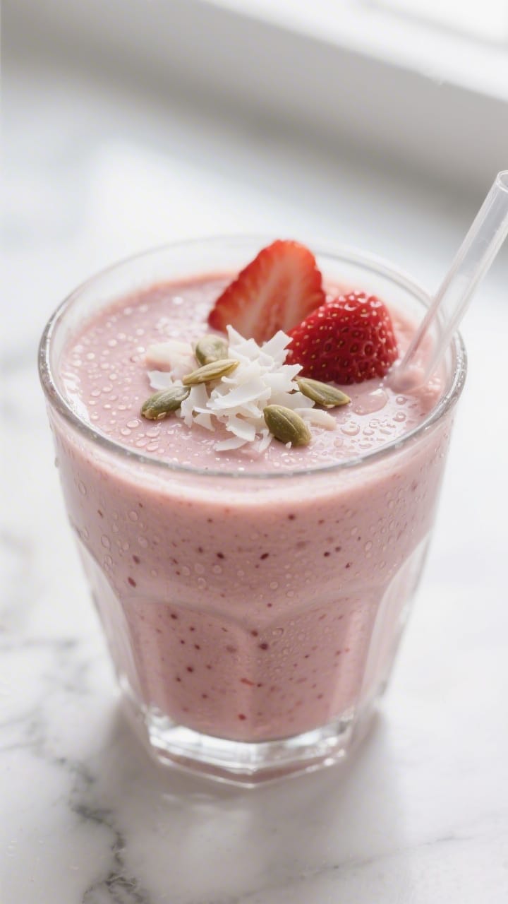 Close-up detail: Thick, creamy Strawberry-Coconut Protein Smoothie just poured into a chilled clear 