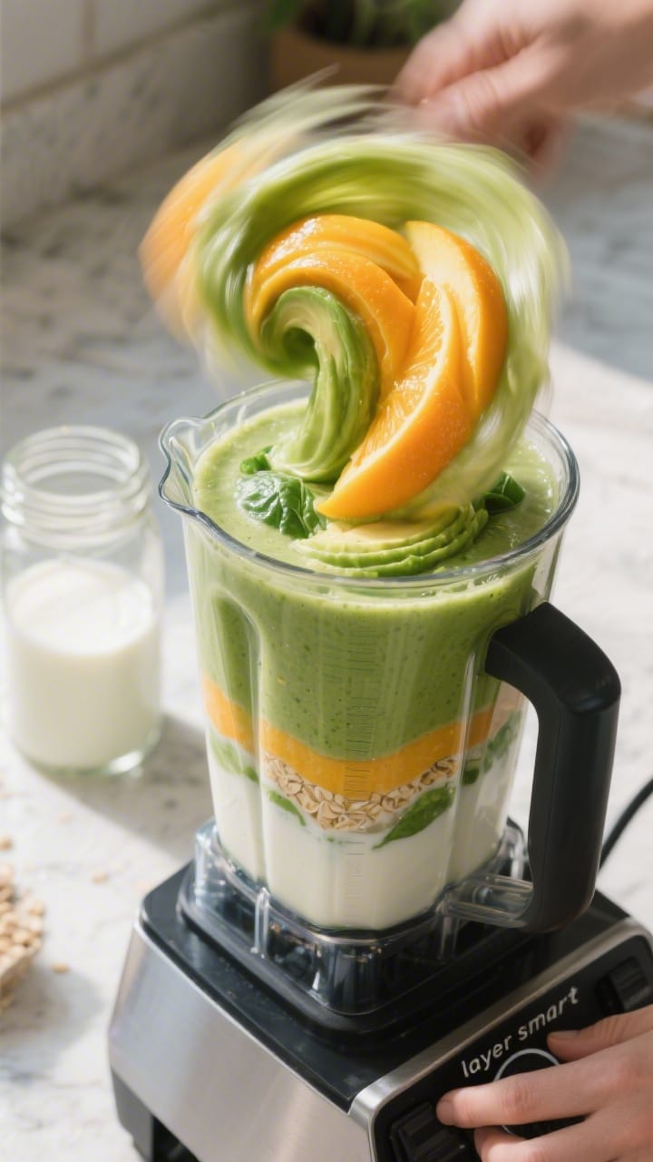 Cooking process: Overhead shot of a blender in action mid-blend for the Green Citrus Glow Smoothie, 