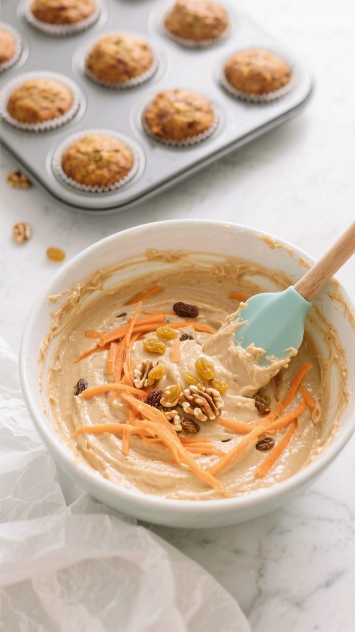 Vegan carrot muffin batter in a mixing bowl with shredded carrots and add-ins, ready to scoop into a muffin tin (vegan carrot muffin recipe)