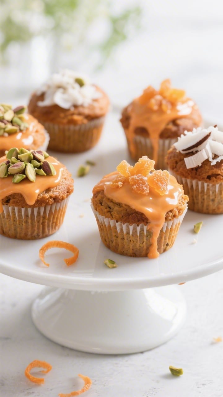 Extra fancy vegan carrot muffins with orange glaze drizzle and toppings like pistachios, coconut flakes, and candied orange peel (vegan carrot muffin recipe)