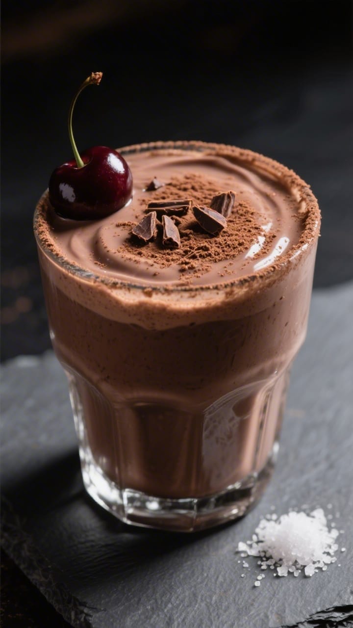 Final dish presentation: Chocolate-Covered Cherry Shake served thick in a frosted rocks glass, ultra