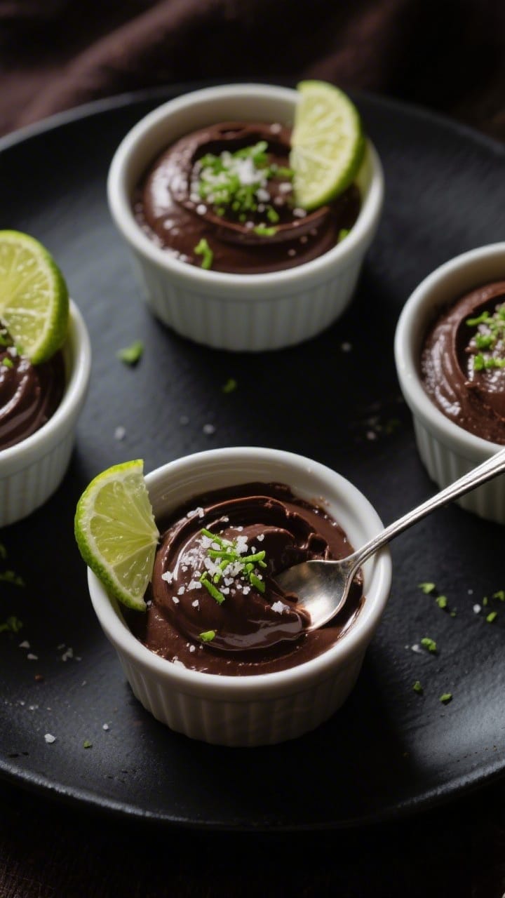 Final dish presentation of Cinco de Mayo Chocolate Lime Avocado Mousse: ultra-smooth dark chocolate 