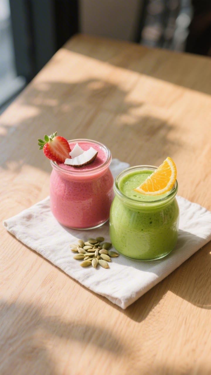 Tasty top view: Overhead caf&eacute;-style scene with two high-protein vegan smoothies