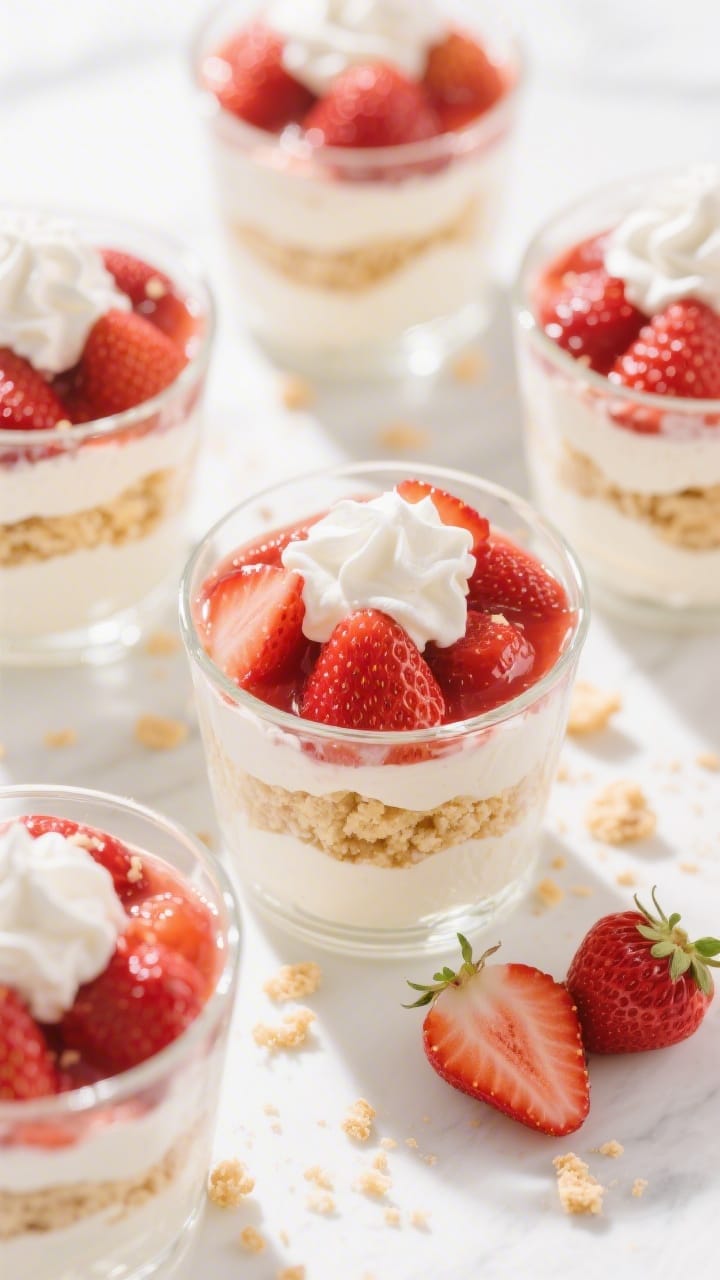 Tasty top-view overhead of Strawberry Shortcake Parfaits layered in clear glasses: visible strata of