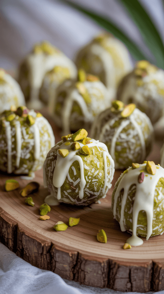 No-Bake Pistachio Bliss: Lush green pistachio balls, crunchy coconut, creamy white chocolate&mdash;quick treat for spring parties. Save this idea so you can come back to it later.