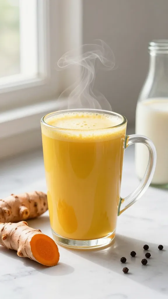 Golden Milk Wellness Boost: Cozy, aromatic glass mug of turmeric latte with fresh roots and spices for immunity&mdash;save this idea so you can come back to it later.