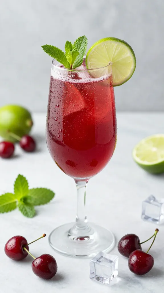 Cherry Wellness Elixir: Vibrant, refreshing glass with fresh limes, mint, and cherries&mdash;perfect for summer wellness. Save this idea so you can come back to it later.