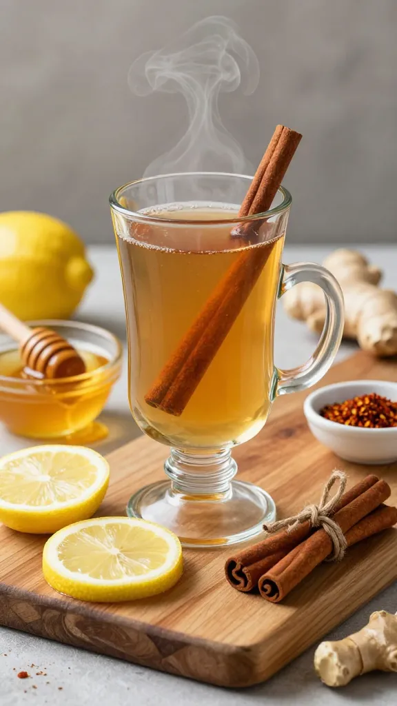 Warming Herbal Tea Ritual: Cozy glass mug with aromatic cinnamon, zesty lemon, ginger, honey&mdash;supports immunity. Save this idea so you can come back to it later.