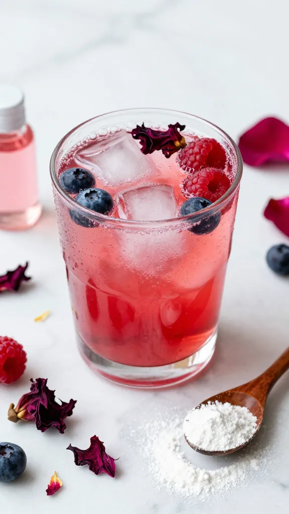 Wellness Elixir Refresh: Lively pink fizz with berries, petals, powder &amp; elixir&mdash;perfect for energizing hydration. Save this idea so you can come back to it later.