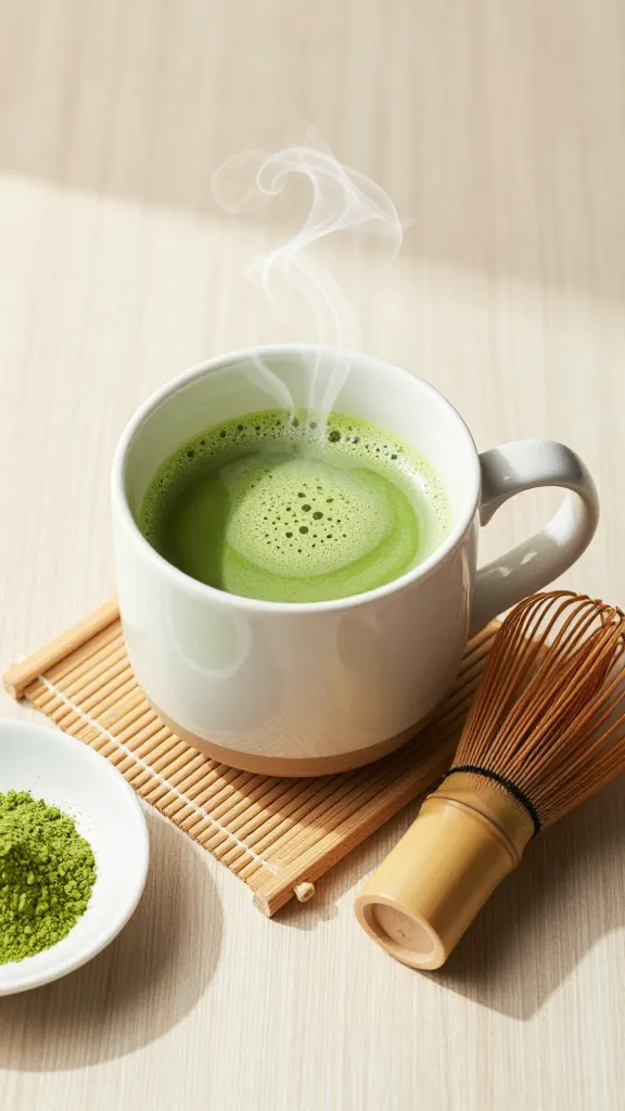 Matcha Wellness Ritual: Velvety hot matcha, fresh powder &amp; bamboo whisk on a serene mat&mdash;energizing and calming. Save this idea so you can come back to it later.