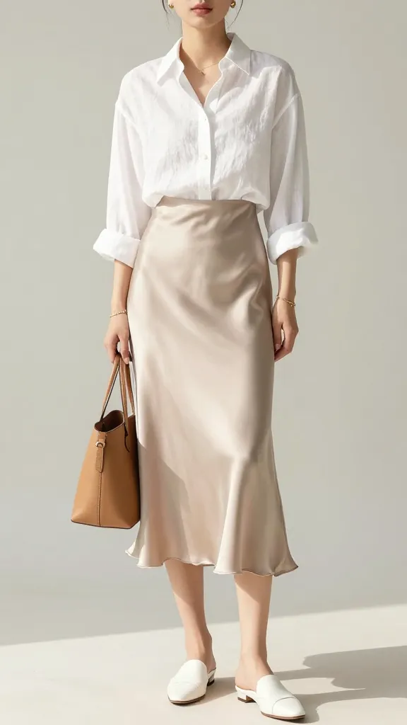 Spring Capsule Wardrobe: Effortlessly chic woman in crisp white shirt &amp; satin skirt, tan bag, sleek mules&mdash;style made easy. Save this idea so you can come back to it later.