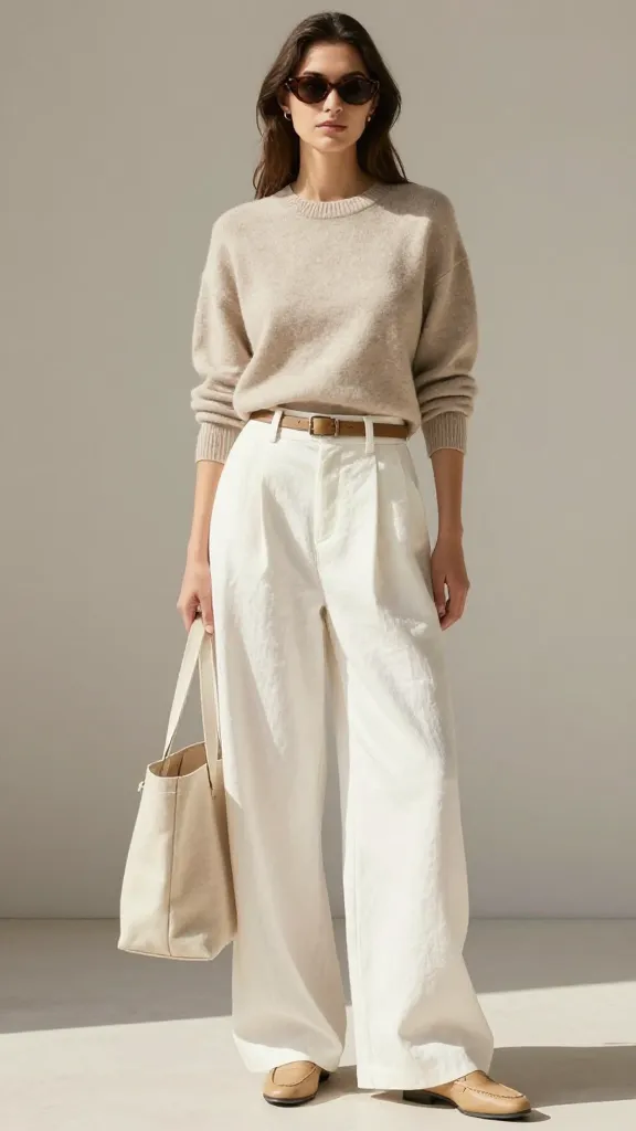 Spring Capsule Outfit: Polished woman in breezy beige knit, soft white trousers, chic loafers&mdash;effortless all-day style. Save this idea so you can come back to it later.